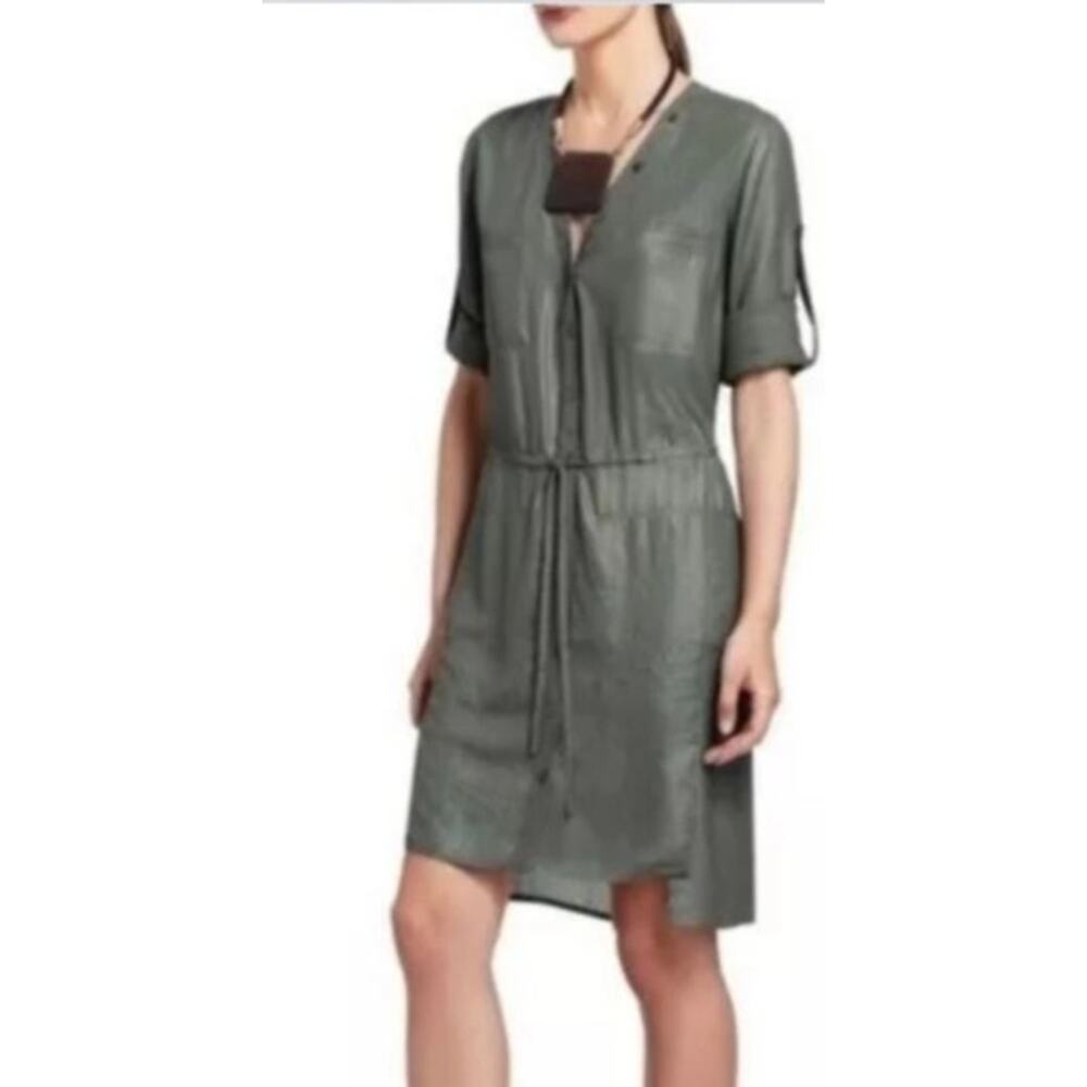 BCBGMAXAZRIA bcbg olive green lightweight semi sheer Olina button front dress